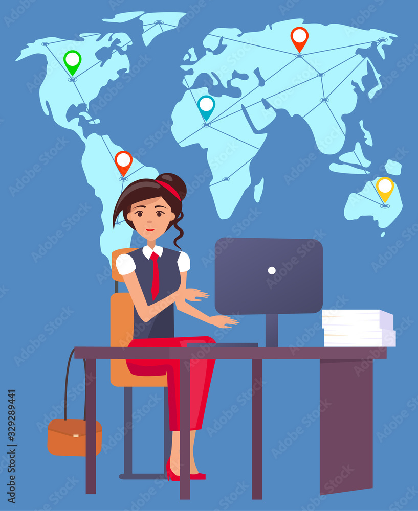 Poster woman working with data on computer vector, international business worldwide connection. secretary d