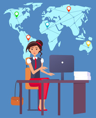 WOman working with data on computer vector, international business worldwide connection. Secretary dealing with clients around globe map and sings