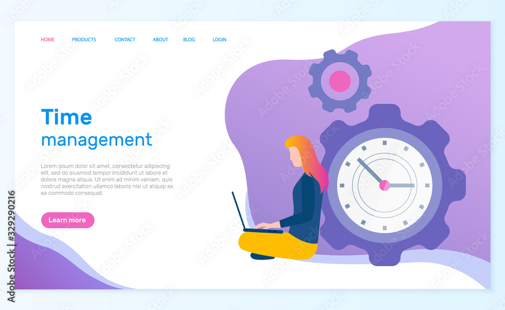 Poster smart time management for efficiency of work and doing tasks. woman sit on floor alone and working o