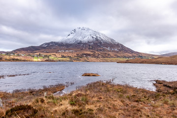 Mount Errigal by Dunlewey in County Donegal, Ireland, covered with snow