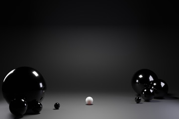 Black abstract 3d render background. Computer generated minimalistic background with geometric shape balls, white sphere. Modern design for poster cover branding banner placard.