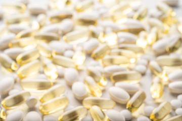 Fototapeta na wymiar Lots of different medicine drugs, pills, tablets capsules