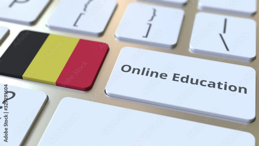 Aufkleber online education text and flag of belgium on the buttons on the computer keyboard. modern profession