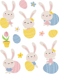 Vector illustration of cute white easter bunnies, easter eggs and flowers isolated on white background