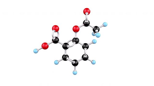 A rotating molecule of acetylsalicylic acid on the white background. 4k endless loop video animation ProRes 4444 codec.
