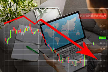 The economic crisis of 2020. Red arrows fall to the ground, indicating the economic recession that will occur in 2020.