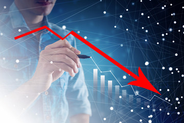 The economic crisis of 2020. Red arrows fall to the ground, indicating the economic recession that...