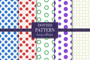 Set of 5 abstract background texture. Dotted pattern. Minimal polka dot style vector illustration for wallpaper, flyer, cover, design. Repeating circle geometric ornament, decorative element