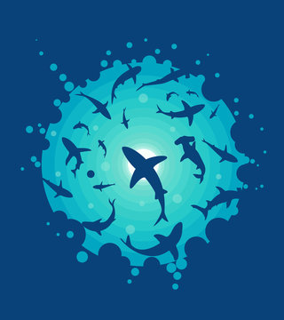 Abstraction. The bottom of the ocean with bright light and silhouettes of sharks. Vector Illustration.