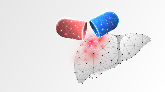 Human Liver medicaments in a capsule. Treatment with a pill, hepatitis vaccine concept. Low poly, wireframe 3d Raster illustration. Abstract polygonal image on white origami background