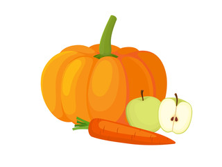 Bright vector set of colorful apple, pumpkin and carrot.