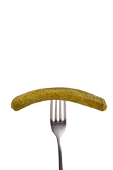 Sausage on fork. Organic protein sources on white background