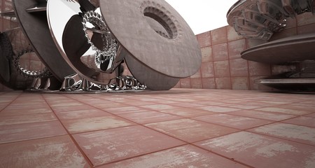 Abstract architectural background. Rusted metal interior with concrete and chrome  discs . 3D illustration and rendering.