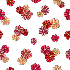 Obraz premium Hand drawn calm red, yellow, pink blossoms on white background. Seamless doodle floral spring pattern. Suitable for packaging, textile.