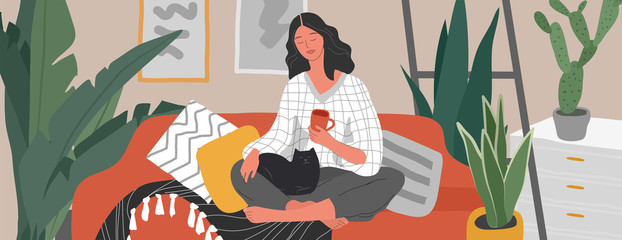 Girl sitting and resting on the couch with a cat and coffee. Daily life and everyday routine scene by young woman in scandinavian style cozy interior with homeplants. Cartoon vector illustration.