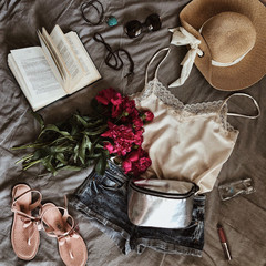 Summer flatlay with pink peonies, clothes, hat, sunglasses and asseccories - 329297620
