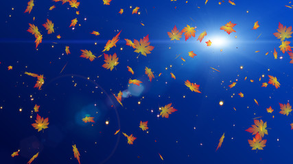 Obraz na płótnie Canvas Magic Falling Beautiful Autumn Leaves With Shiny Glitter Dust In The Wind Against Dark Red And Blue Gradient Background