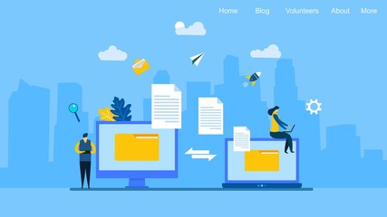 Website or landing page of File Transfer. Files transferred Encrypted Form. Program for Remote Connection between two Computers.with Tiny People Character Concept Vector Illustration, 