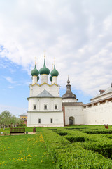 Fototapeta na wymiar Russian church in Rostov Kremlin, Golden Ring, Yaroslavl, Russia. Orthodox cathedral at sunny summer day