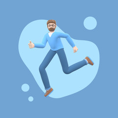 Fototapeta na wymiar Positive character in colored clothes on an abstract stain background. Young cheerful hipster guy runs, dances, jumps, levitates and flies. Funny cartoon people. 3D rendering.