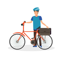 Happy Man with Bicycle Flat Vector Illustration. Cyclist Standing near Bike with Briefcase, Wearing Protective Helmet Isolated Cartoon Character. Safe Riding, Cycling, Biking. Delivery Design Element