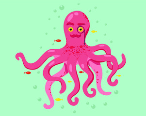 Cute pink octopus. Cartoon style. Vector octopus illustration. Under the sea. On a light blue background.