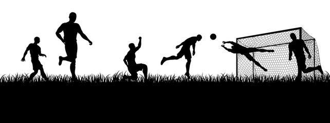 Fototapeta na wymiar Soccer football players in silhouette playing a match game scene
