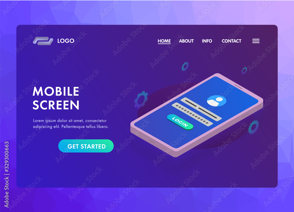 Poster mobile phone screen ui ux vector web template or landing page with isometric smartphone with blue sc
