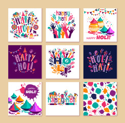 Happy holi vector elements for card design , Happy holi design with colorful icon on 9 cards