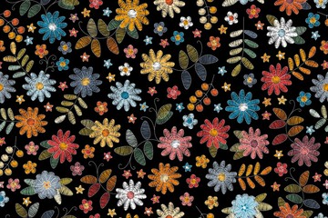 Embroidery seamless pattern with beautiful flowers on black background. Colorful floral design for fashion fabric.