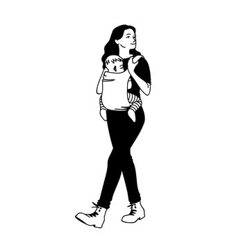 Happy mother carrying a child using a handy device baby carrier. Vector illustration of young woman taking walk with her baby. Concept. Happy parenting, mother walks and her baby sits in baby carrier.