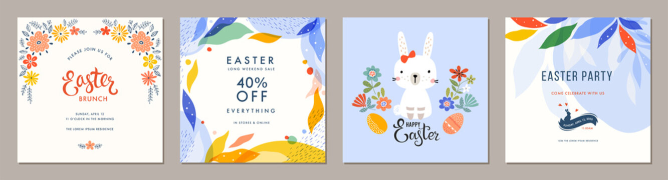 Trendy Easter square templates. Suitable for social media posts, mobile apps, cards, invitations, banners design and web/internet ads. 