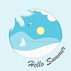 Fototapeta na wymiar Hello Summer paper art. Paper art carving style design with hand drawn phrase Hello Summer and summer recreation elements. Vector illustration.