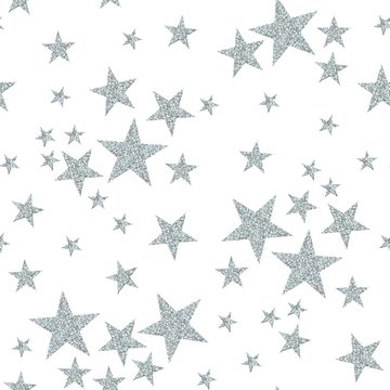 Silver stars on white background. Seamless pattern with glitter stars.
