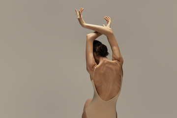 Graceful classic ballerina dancing, posing isolated on pastel brown studio background. Females back...