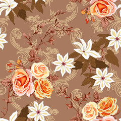 Trendy floral background with yellow and orange roses, white lilies in hand drawn style on beige.
