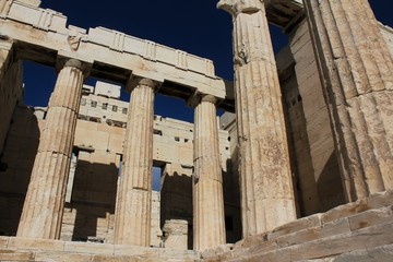 Ancient columns of Propylaea gateway on the Acropolis hill in Athens, Greece.