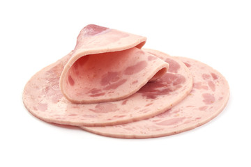 Sliced boiled ham sausage, isolated on white background