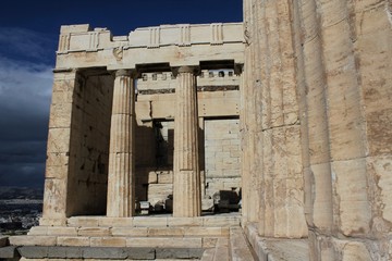 Ancient columns of Propylaea gateway on the Acropolis hill in Athens, Greece.