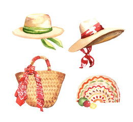 Watercolor fashion trendy summer hats and beach bags set illustration isolated on white background 