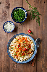 Uzbek lagman soup with noodles, meat and vegetables