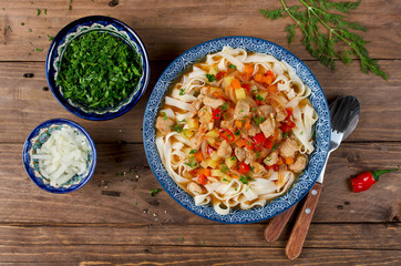 Uzbek lagman soup with noodles, meat and vegetables