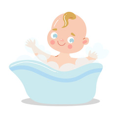Cute happy smiling baby taking a bath playing with foam bubbles. Vector illustration in flat cartoon style.
