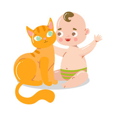 Cute happy smiling baby sitting on the floor and playing with the cat. Vector illustration in flat cartoon style.