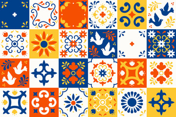 Mexican talavera pattern. Ceramic tiles with flower, leaves and bird ornaments in traditional majolica style from Puebla. Mexico floral mosaic in classic blue and white. Folk art design. - obrazy, fototapety, plakaty