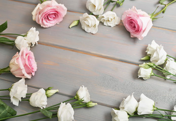 Spring card template. Happy Birthday or Valentine. Women's Day. Greeting card for mother's day. Congratulation with Easter. Flower card. Copy space. Wedding invitation. Flowers on grey background