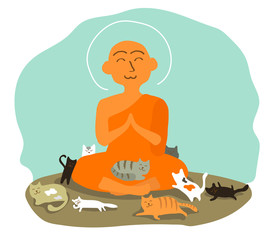 Buddhist monk and cats on a blue background. Vector illustration.