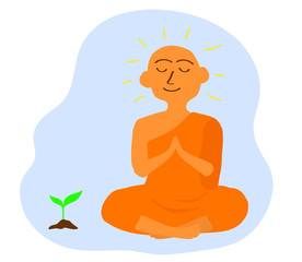 Obraz na płótnie Canvas Buddhist monk and plant on a blue background. Vector illustration.