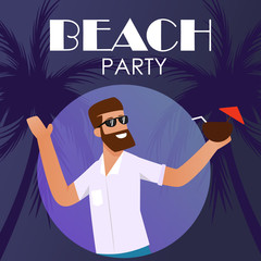 Beach Party Advertising Cover with Friendly Smiling Bearded Hipster Man in Sunglasses Portrait Holding Exotic Coconut Cocktail. Palm Trees on Backdrop. Vector Illustration in Flat Cartoon Style