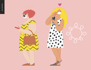 Waiting in line coronavirus - modern flat vector concept illustration of people standing in line wearing mask, talking to each other. Multicultural, multilingual people, coronavirus protection concept